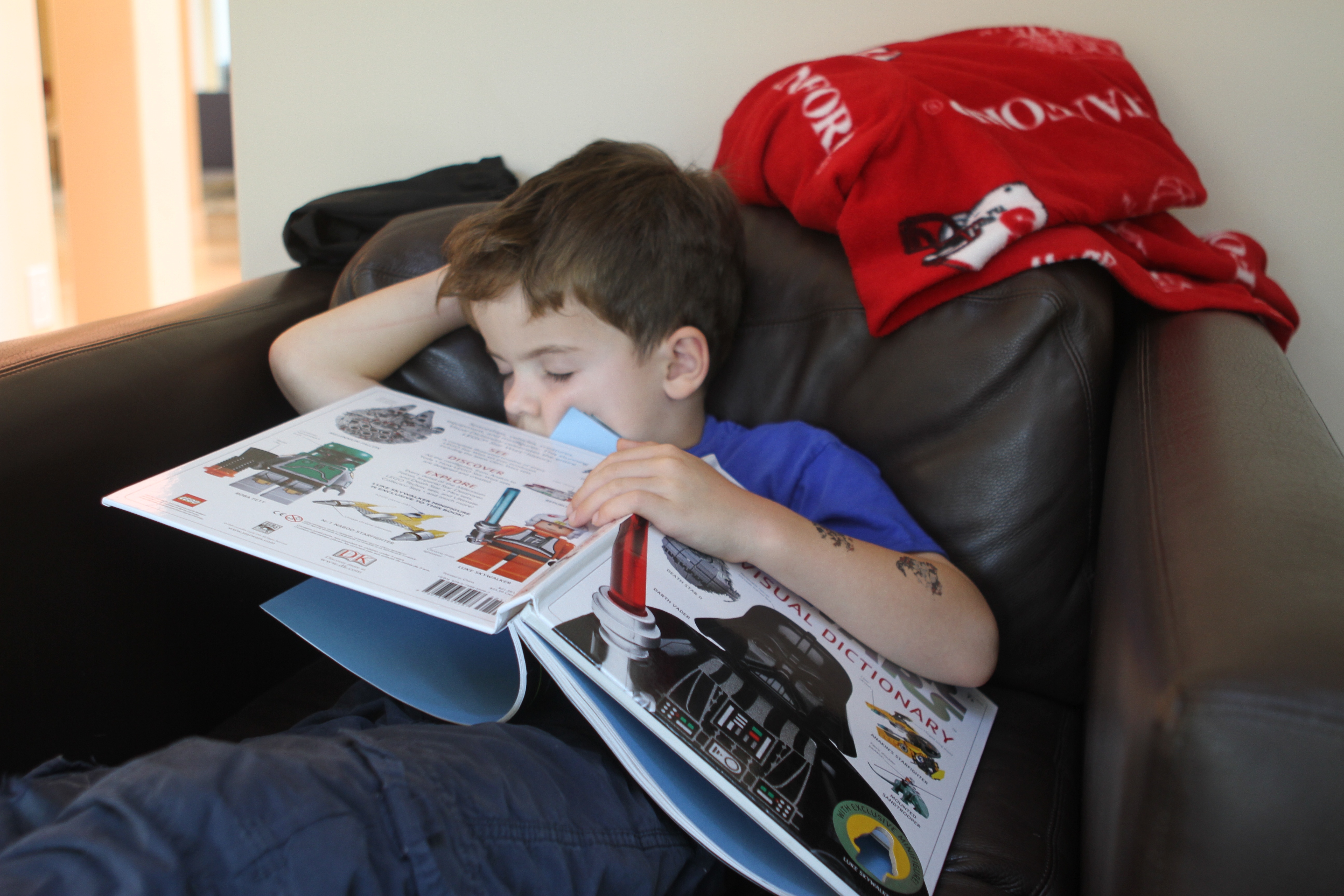 fell asleep in the chair reading his Lego book